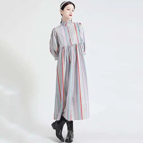Load image into Gallery viewer, Women Striped Spliced Long Shirt Dress New Stand Collar Three-quarter Sleeve Loose Fit Fashion Spring Autumn 2025 1DE0219
