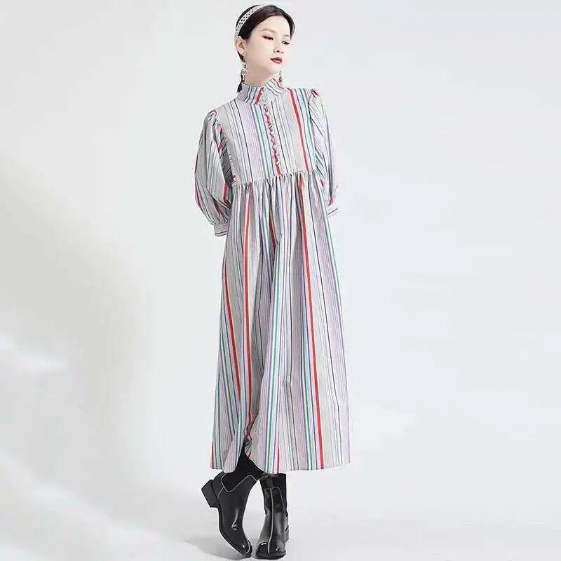 Women Striped Spliced Long Shirt Dress New Stand Collar Three-quarter Sleeve Loose Fit Fashion Spring Autumn 2025 1DE0219