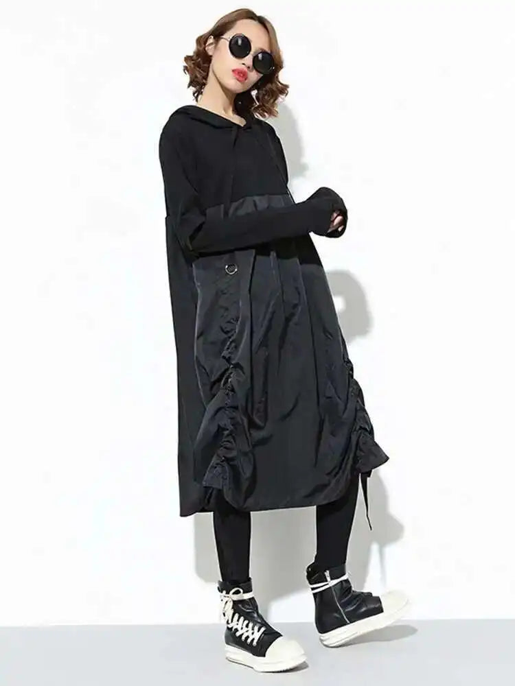 Women Black Drawstring Hollow Out Big Size Irregular Dress New Hooded Long Sleeve Fashion Tide Spring Autumn 2025 JD076