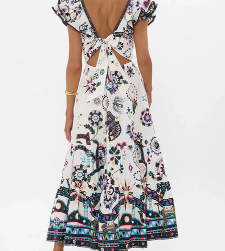 Loose Printing Spliced Ruffles Folds Casual Dresses for Women V Neck Sleeveless High Waist Long Dress Female New