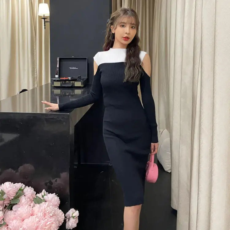 French Women Elegant Patchwork Off Shoulder Split Knit Dress Autumn Office Long Sleeve Slim Ladies Fashion Wrap Hip Dresses Chic