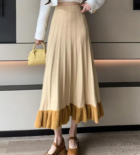 Korean Fashion Women Patchwork Ruffle Edge Knitted Long Skirts 2024 Autumn Winter Vintage High Waist Party A-line Pleated Skirt