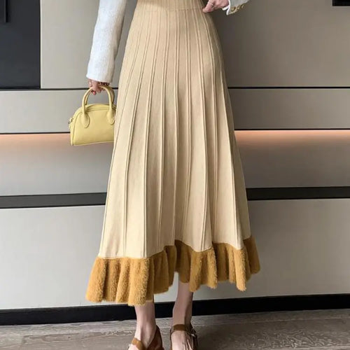 Load image into Gallery viewer, Korean Fashion Women Patchwork Ruffle Edge Knitted Long Skirts 2024 Autumn Winter Vintage High Waist Party A-line Pleated Skirt
