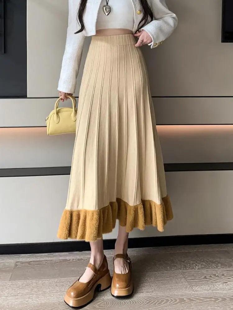 Korean Fashion Women Patchwork Ruffle Edge Knitted Long Skirts 2024 Autumn Winter Vintage High Waist Party A-line Pleated Skirt