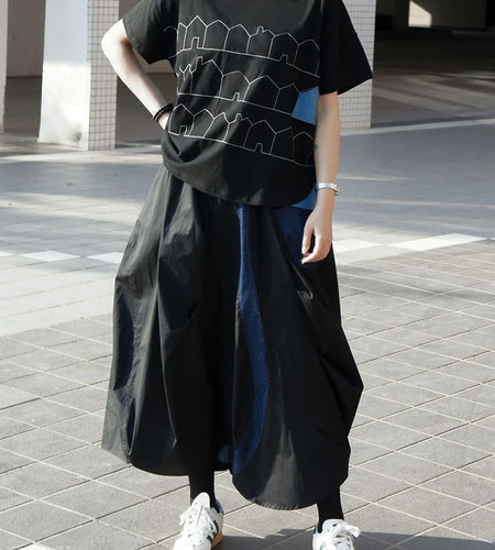 Women Black Pattern Printed Big Size Casual T-shirt New Round Neck Short Sleeve Fashion Tide Spring Summer 2025 1DJ1186