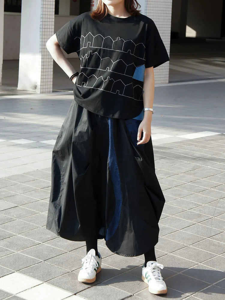 Women Black Pattern Printed Big Size Casual T-shirt New Round Neck Short Sleeve Fashion Tide Spring Summer 2025 1DJ1186