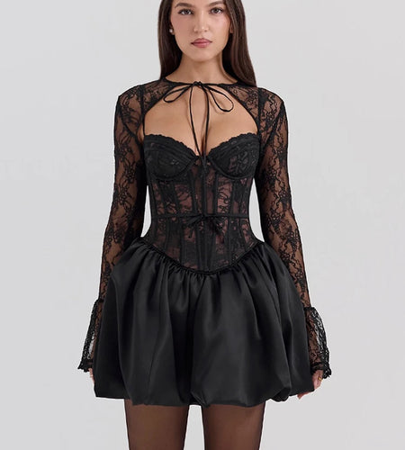 Black Lace Puffball Sexy Mini Dress For Women Fashion Lace-up Sheer Long Flare Sleeve High Waist Club Party Dress