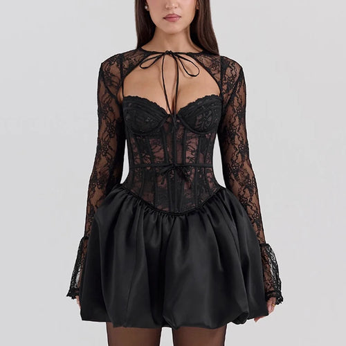 Load image into Gallery viewer, Black Lace Puffball Sexy Mini Dress For Women Fashion Lace-up Sheer Long Flare Sleeve High Waist Club Party Dress
