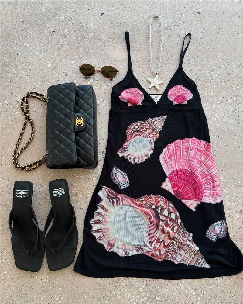 Spaghetti Strap Floral Print Mini Dress For Women Robe Summer New V Neck Sleeveless Backless Print Beach Holiday Dress