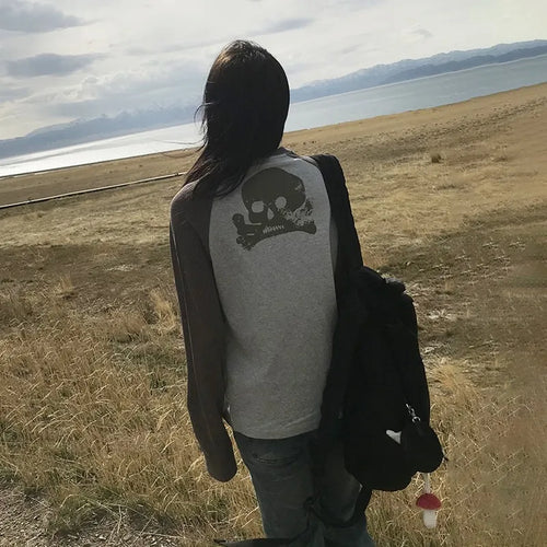 Load image into Gallery viewer, Japanese Y2k Patchwork T-shirt Vintage 2000s Style Knitted Tops 90s Harajuku Long Sleeve Ribbed T Shirt American Retro
