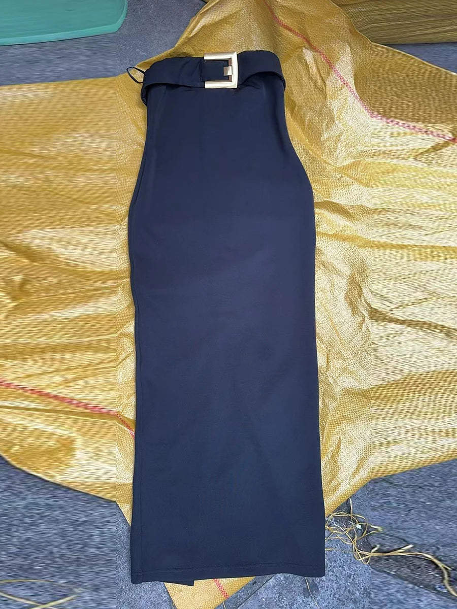 Black Slimming Spliced Metal Buckle Fashion Dresses for Women Strapless Sleeveless Long Dress Female Clothing New