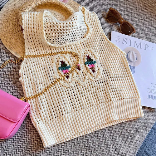 Load image into Gallery viewer, Women Fashion Beige Hollow Out Cropped Knitted Sweater Vest Vintage O-Neck Sleeveless Female Chic Lady Tank Tops B-052
