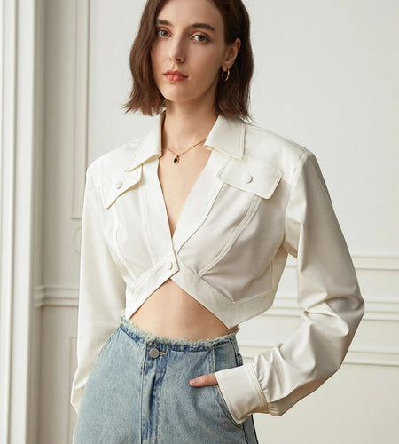 White Casual Blouses For Women V Neck Long Sleeve Patchwork Single Button Chic Short Shirts Female Fashion Clothing