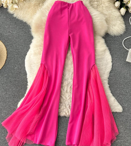 Mesh Spliced Y2k Pants for Women Spring 2023 High Waisted Split Solid Wide Leg Flare Pants Fashion Chic Casual Pants