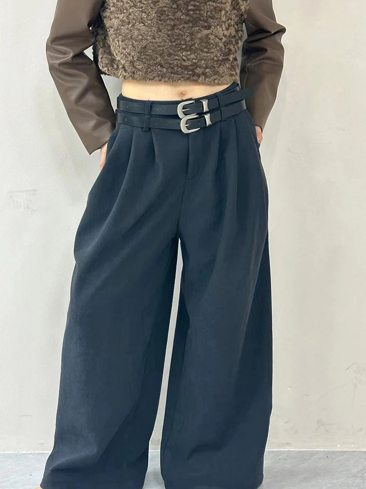 Solid Spliced Pockets Pants For Women High Waist Patchwork Belts Casual Minimalist Wide Leg Pant Female Fashion