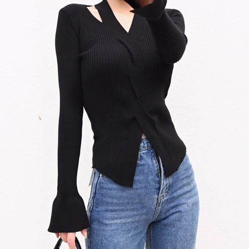 Load image into Gallery viewer, Women&#39;s Blouse Chic Hollow out Sexy knitted Pullovers for Autumn Female Korean Clothing Solid Full Sleeve Bottoming Shirt C-080
