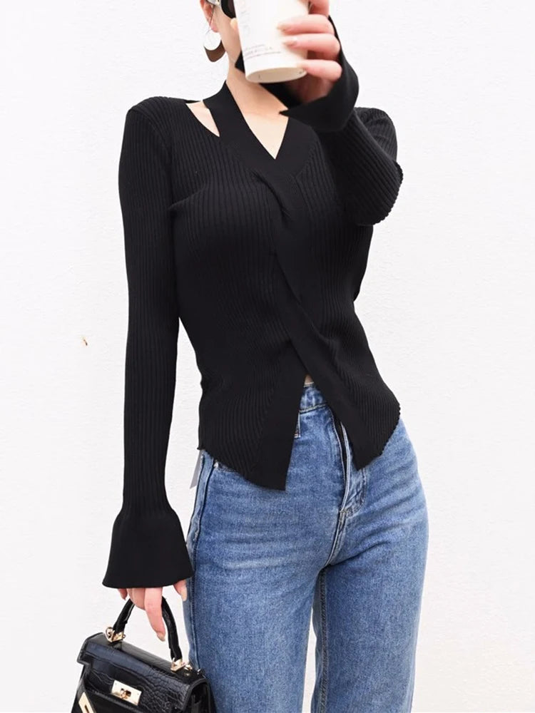 Women's Blouse Chic Hollow out Sexy knitted Pullovers for Autumn Female Korean Clothing Solid Full Sleeve Bottoming Shirt C-080