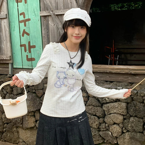 Load image into Gallery viewer, Japanese Y2k Anime Print Knitted Tops 2000s Aesthetics Long Sleeve T-shirt Cutecore Polka Dots Ribbed Tops Kawaii Cat
