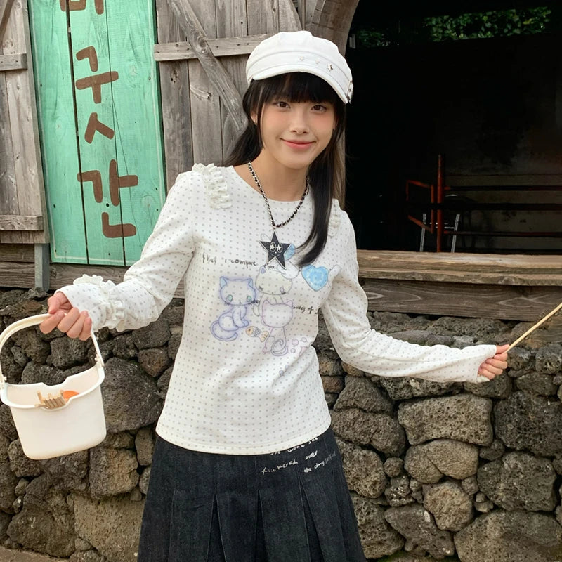Japanese Y2k Anime Print Knitted Tops 2000s Aesthetics Long Sleeve T-shirt Cutecore Polka Dots Ribbed Tops Kawaii Cat