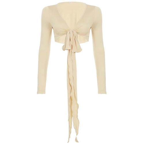 Load image into Gallery viewer, Casual Summer Solid Basic Smock T-shirts Women Tie Up Cardigan Long Sleeve Cropped Tops All Match Skinny Clothes Chic
