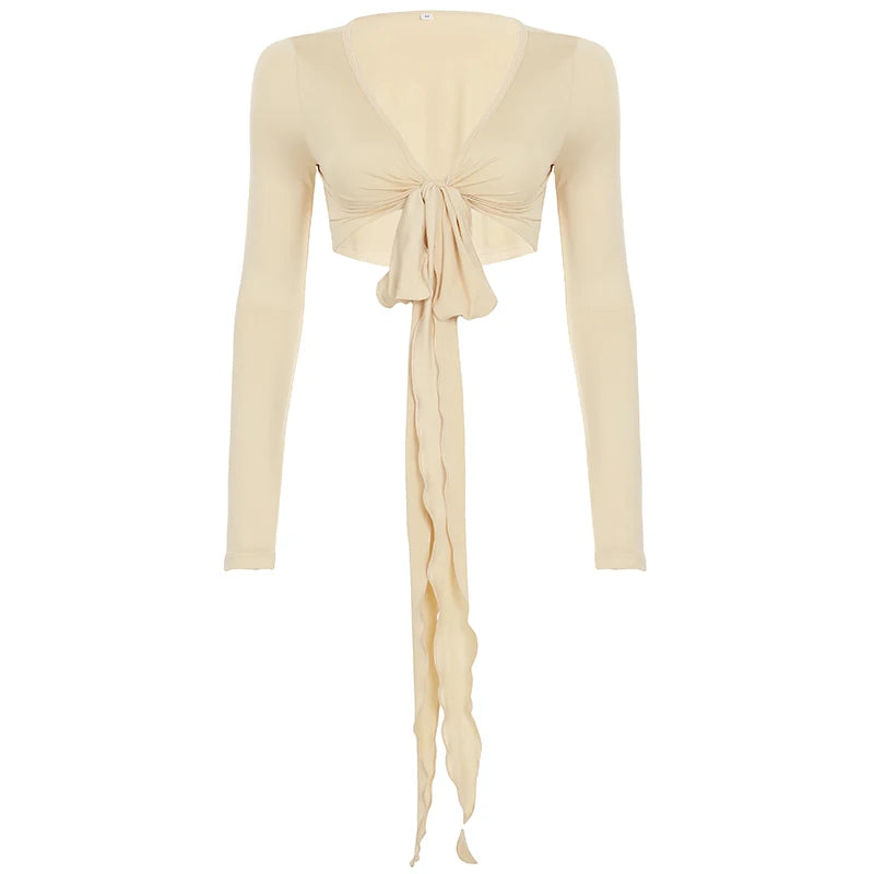 Casual Summer Solid Basic Smock T-shirts Women Tie Up Cardigan Long Sleeve Cropped Tops All Match Skinny Clothes Chic