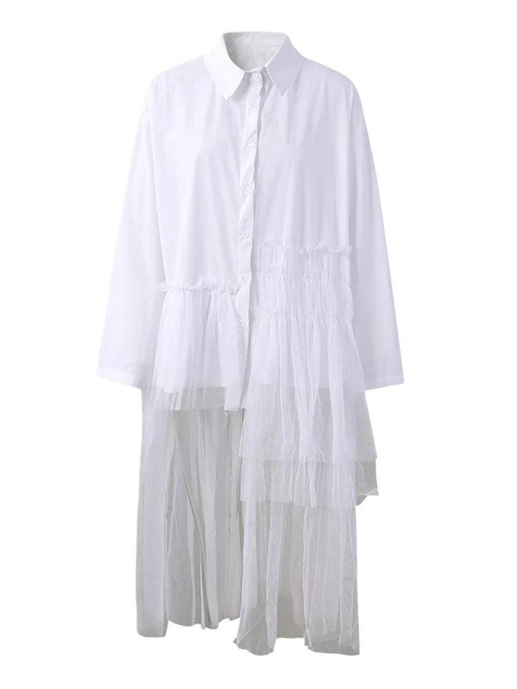 Women Black Mesh Irregular Spliced Long Big Size Blouse New Lapel Long Sleeve Shirt Fashion Spring Autumn 2025 1DH7624