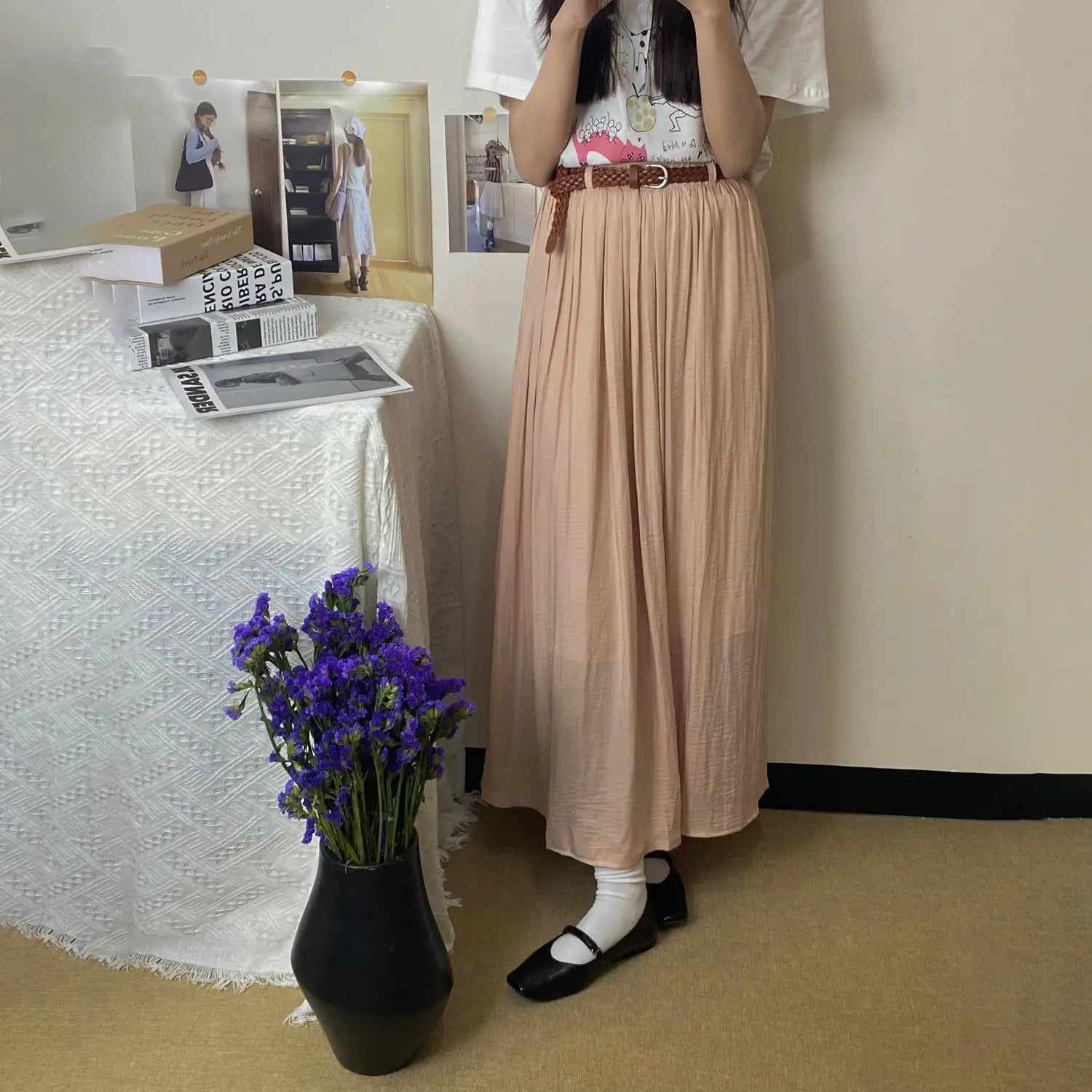 Spring Summer New Solid Elegant Vacation Party Pleated Skirt Women's French Fashion Elastic Waist Office Long Skirt Trend Simple