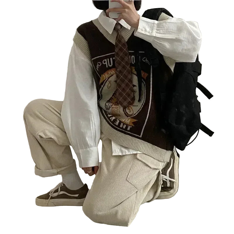 Sweater Vest Women Kawaii Cat Waistcoat Streetwear Knitting Chic Fashion College All-match Harajuku Y2k Vests Chandails