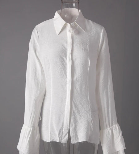 Women White Burr Hem Bandage Thin Elegant Blouse New Lapel Long Sleeve Shirt Fashion Tide Spring Autumn 2025 1DD6706