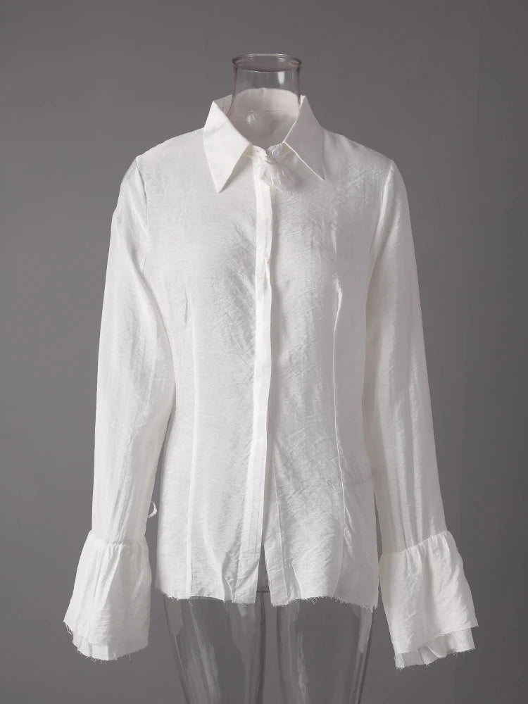 Women White Burr Hem Bandage Thin Elegant Blouse New Lapel Long Sleeve Shirt Fashion Tide Spring Autumn 2025 1DD6706