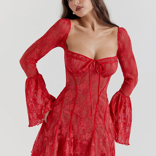Load image into Gallery viewer, Temperament Christmas Red Long Sleeved Dress Women Lace Patchwork Ruffled Edge Mini Dress Female Bodycon Party Evening
