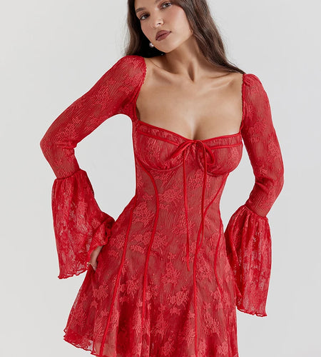 Elegant Square Neck Lace Patchwork Dress Women Flare Sleeve Ruffle Edge Double Layer Bodycon Vesidos Slim Party Evening