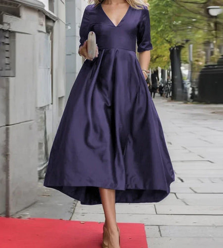 Christmas Long Dresses for Women Half Sleeves V-neck Pleated Solid Purple Green Black Evening Women‘s Party Dresses