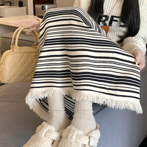Load image into Gallery viewer, Vintage Women Black Beige Striped Tassel Elegant High Waist Party Long Skirt 2024 Autumn Winter Straight Wrap Hip Knitted Skirts
