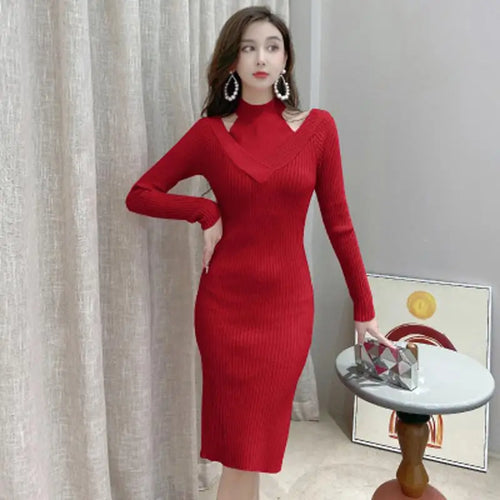 Load image into Gallery viewer, French Women Solid Elegant Festival Hollow Out Knit Dress Autumn Long Sleeve Slim Ladies Fashion Wrap Hip Dresses Clothing Trend
