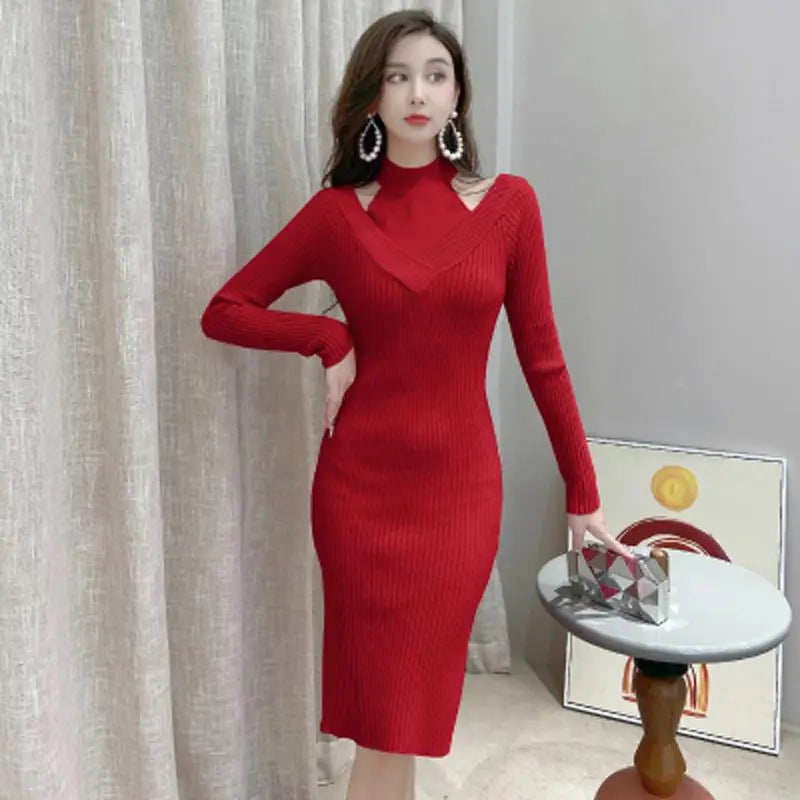 French Women Solid Elegant Festival Hollow Out Knit Dress Autumn Long Sleeve Slim Ladies Fashion Wrap Hip Dresses Clothing Trend