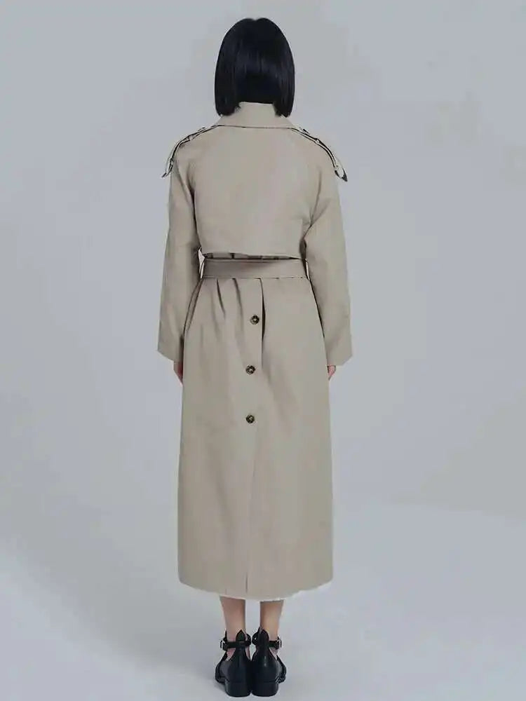 Women Khaki Pleated Big Size Long Trench New Lapel Long Sleeve Loose Fit Windbreaker Fashion Spring Autumn 2025 1DF0722