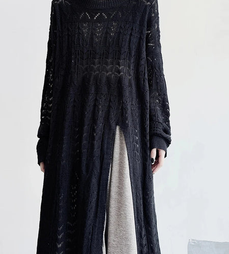 Women Black Big Size  Hollow Out Long Sweater Dress New Round Neck Long Sleeve Fashion Tide Spring Autumn 2025 1DJ0404