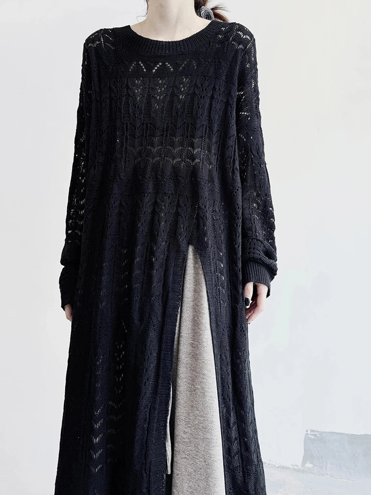 Women Black Big Size  Hollow Out Long Sweater Dress New Round Neck Long Sleeve Fashion Tide Spring Autumn 2025 1DJ0404