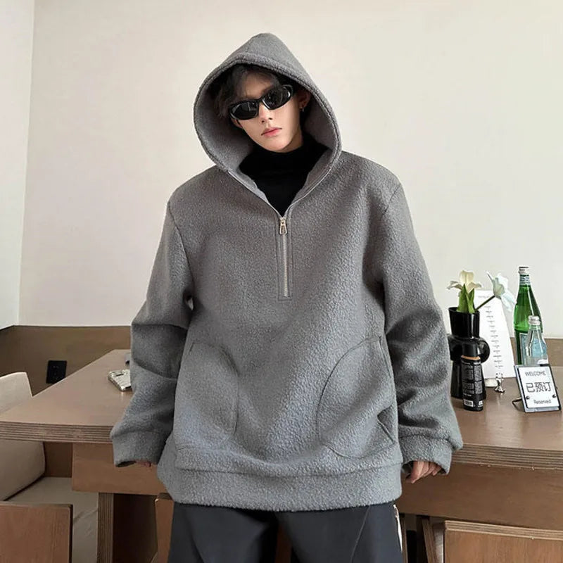 Woolen Hooded Men's Fashion Coat Zipper Pockets Solid Color Pullover Streetwear Loose New Chic Male Hoodies 2024  9C9032