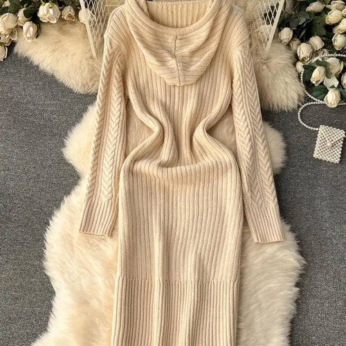 Load image into Gallery viewer, Retro Black Long-sleeved Party Sweater Midi Dress Autumn Winter Hooded Loose Women's Beige Elegant Twists Knitted Hip Wrap Dress
