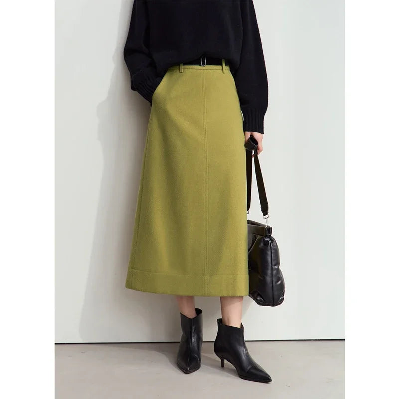 Minimalism Women's Elegant Commuter Skirts with Velvet Belt 2024 Winter Twill Fabric Warm Slit Straight Midi Skirt 12444183