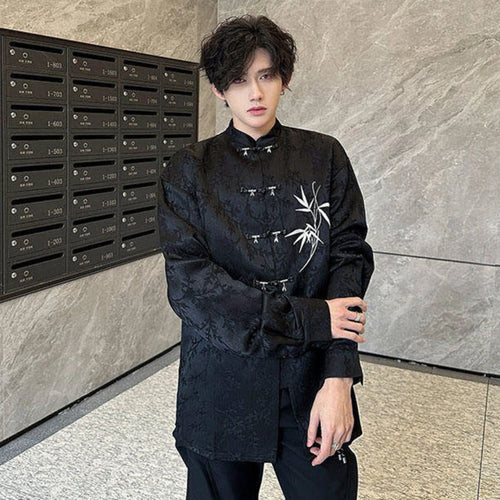 Load image into Gallery viewer, Loose Male Shirts Solid Color Single Breasted New Chinese Embroidered Bamboo Leaf Shirt Spring Summer Men's Top 9W1345
