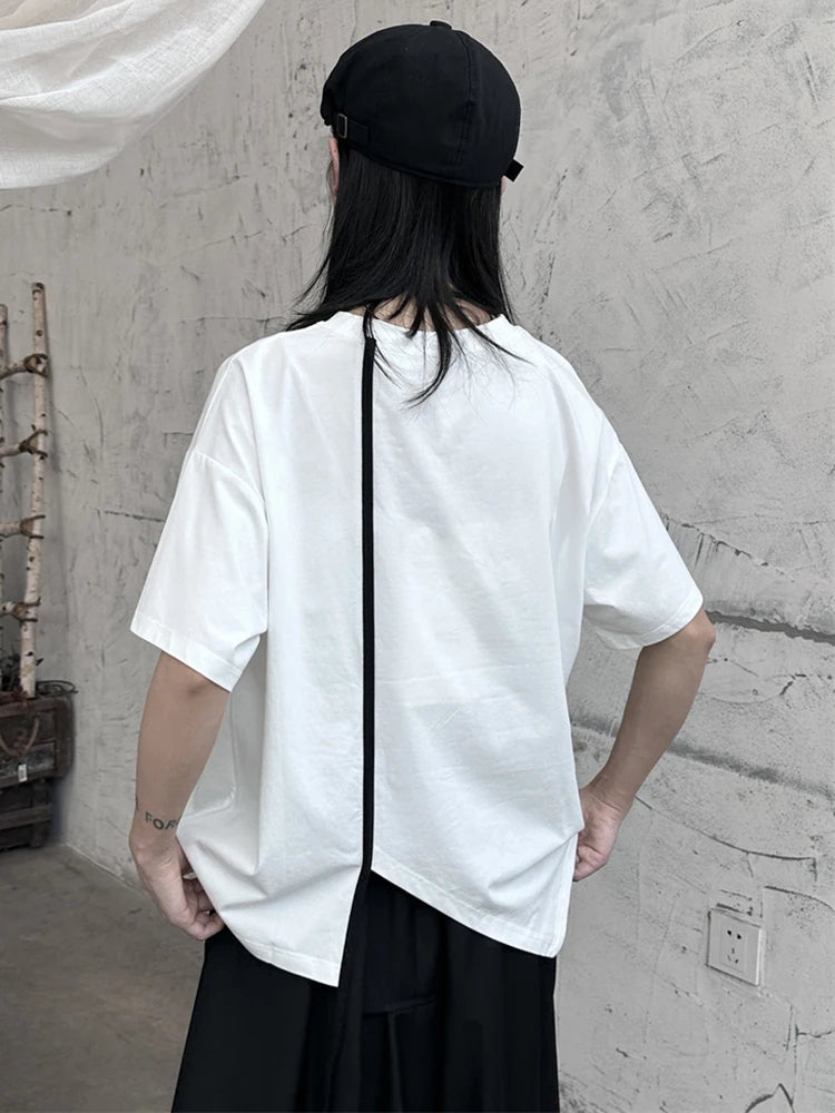Women White Color-block Irregular Big Size T-shirt New Round Neck Half Sleeve Fashion Tide Spring Summer 2025 1DF9733