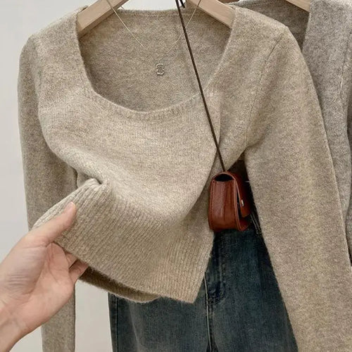Load image into Gallery viewer, Korean Fashion Women's Solid Long Sleeve Square Neck Knitted Sweater 2024 Autumn Winter New Holiday Short Tops Casual Simplicity
