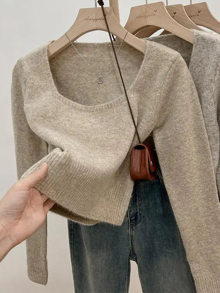 Korean Fashion Women's Solid Long Sleeve Square Neck Knitted Sweater 2024 Autumn Winter New Holiday Short Tops Casual Simplicity