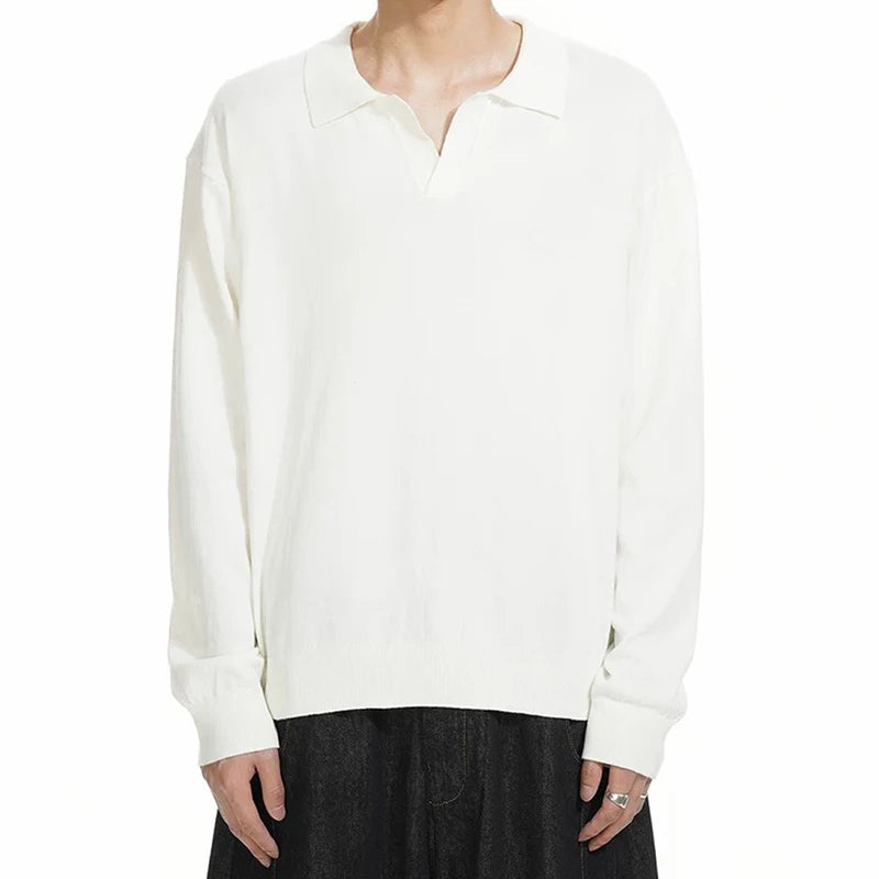 Men's T-shirts New American Long Sleeve T-shirt Turn-down Collar Style Male Solid Color Tops Menwear Spring Summer 9W1459