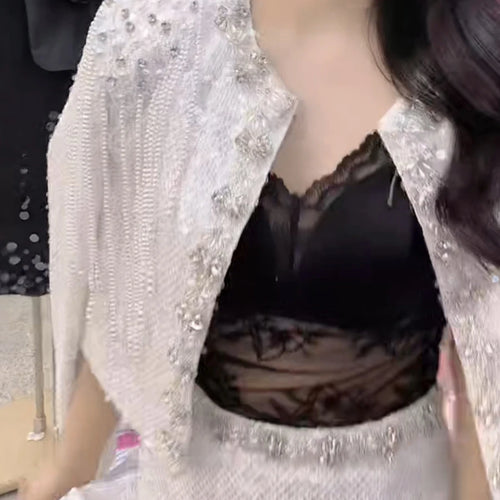 Load image into Gallery viewer, Solid Spliced Diamonds Two Piece Set For Women O Neck Long Sleeve Coat High Wist Temperament Skirt Sets Female New
