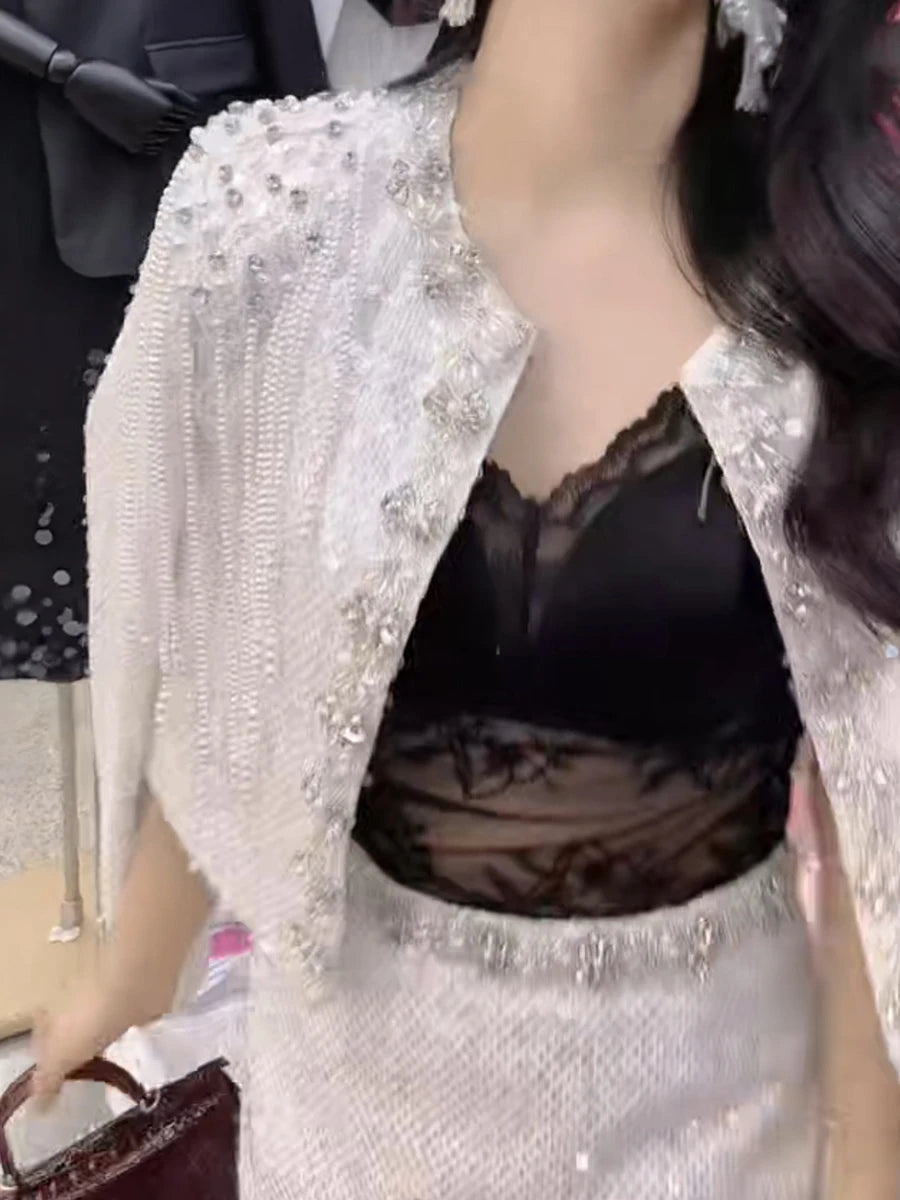 Solid Spliced Diamonds Two Piece Set For Women O Neck Long Sleeve Coat High Wist Temperament Skirt Sets Female New