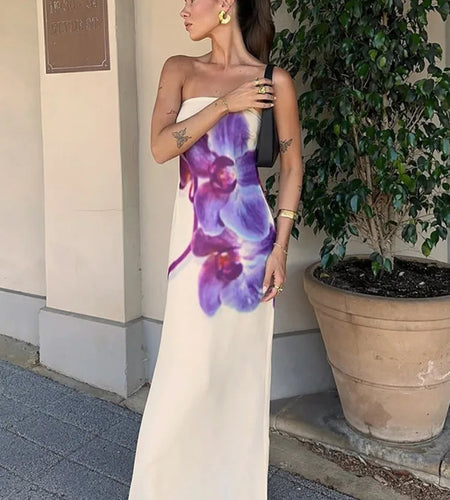 Floral Print Strapless Sexy Maxi Dress For Women Gown Off-shoulder Backless Sleeveless Elegant Long Dress Fashion